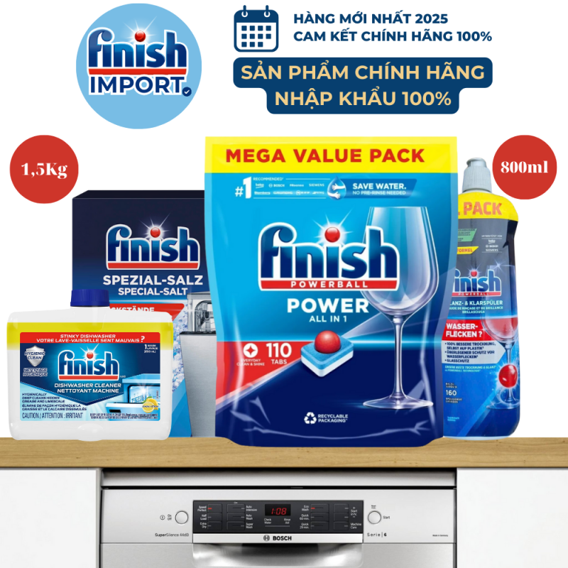 (Combo 4 món Tối Ưu) 1 Túi 110 viên rửa chén Finish All in 1 + 1 Chai 800ml Finish + 1 Hộp 1,5Kg muối Finish (Làm mềm nước) + 1 Vệ sinh máy Finish 250ml